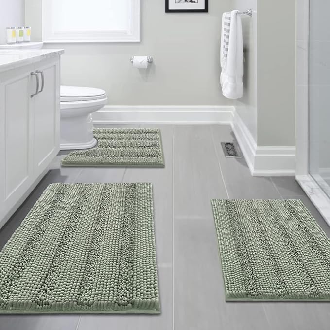 H.VERSAILTEX 3 Piece Bathroom Rugs Sets Thick Striped Bath Rugs Set for Bathroom Non Slip Soft Absorbent Bath Mat Set for Tub, Shower and Toilet(17''x24''+20''x32''+20''x24'' U-Shaped, Sage)