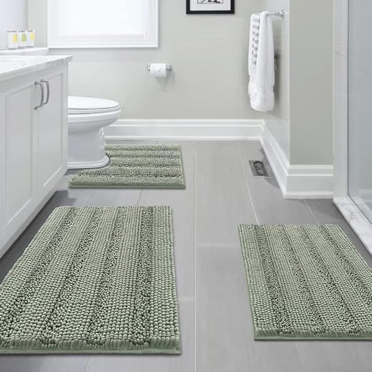 H.VERSAILTEX 3 Piece Bathroom Rugs Sets Thick Striped Bath Rugs Set for Bathroom Non Slip Soft Absorbent Bath Mat Set for Tub, Shower and Toilet(17''x24''+20''x32''+20''x24'' U-Shaped, Sage)