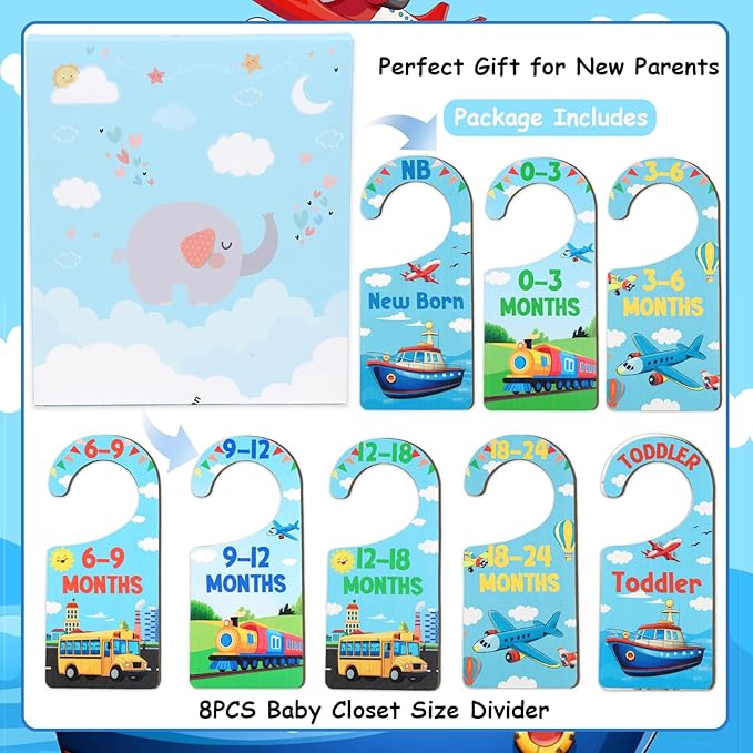 Baby Closet Dividers 8PCS, Transportation Themed Wooden Double-Sided Clothes Size Hanger/Organizer from Newborn to Toddler for Nursery Decor Baby Shower Birthday Gender Reveal Party Gift