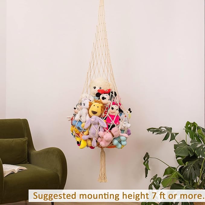 Novel Stuffed Animal Net or Hammock Macrame Toy Display- 6.5ft H,One Hook! Perfect for The Tiny Space in Corner,Wall Ceiling Hanging Net, Stuffies Animal Storage for Kid Room Bedroom Playroom Decor
