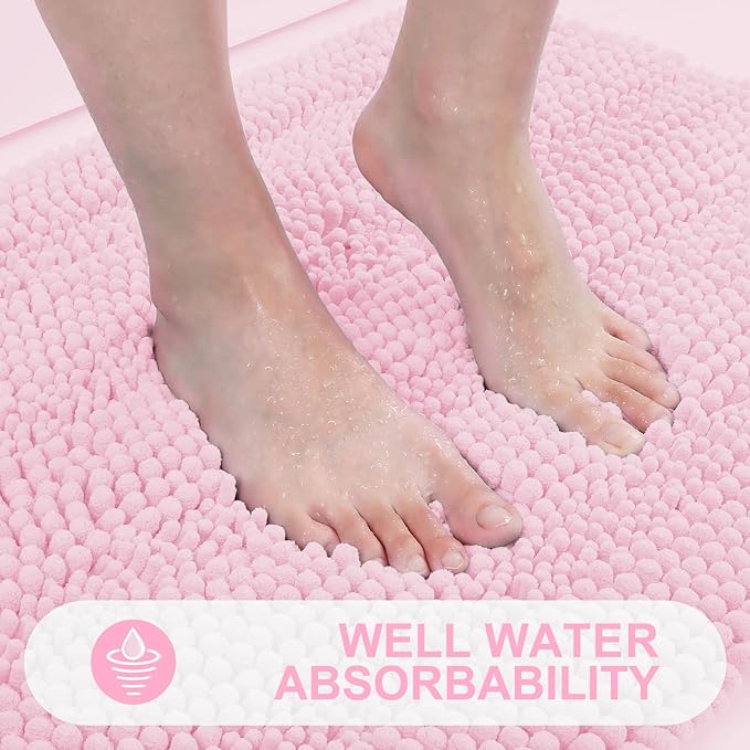 Grandaily Chenille Striped Bathroom Rugs 59x20, Extra Thick and Absorbent Bath Mats, Non-Slip Soft Plush Shaggy Shower Carpet, Machine Wash Dry, Bath Rug for Bathroom, Pink