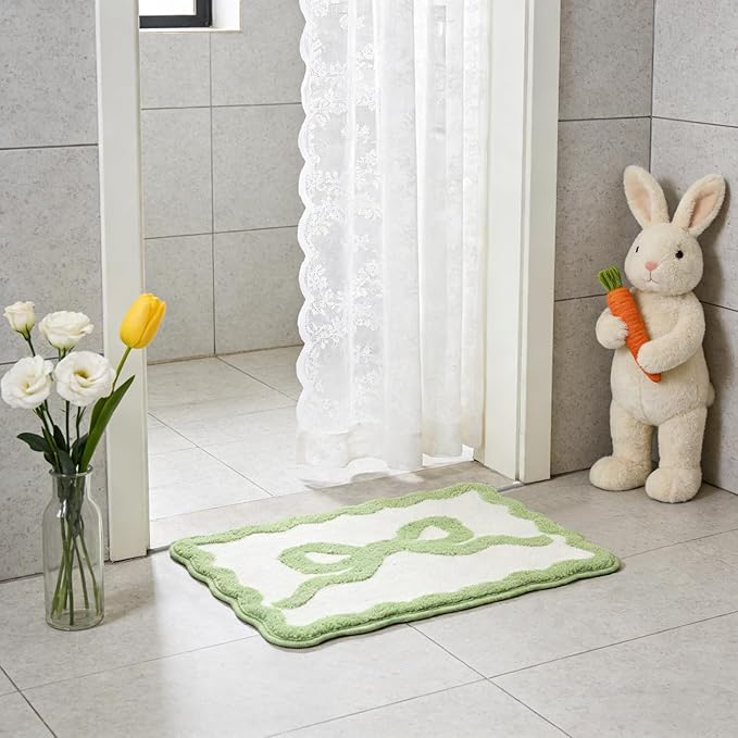 Green Bow Bath Mat - Scalloped Bow Bathroom Rug Easter Spring Room Decor Microfiber Bath Mat Water Absorbent Non Slip Shower Carpet Girls Bedroom Aesthetic Preppy Rug (Green, 16" x 24")