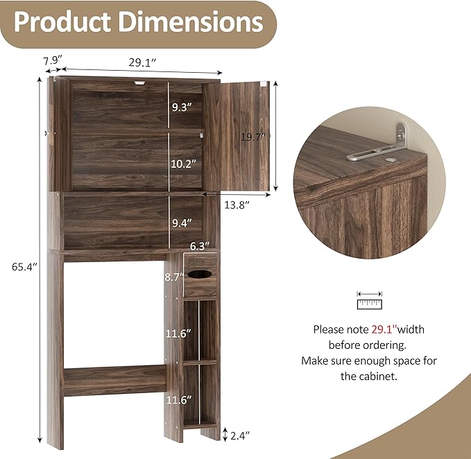 Meilocar Over Toilet Storage Cabinet with Toilet Paper Holder Stand, Freestanding Bathroom Storage Cabinet, Rustic Farmhouse Bathroom Organizer with Adjustable Shelf & Anti-Tipping, Walnut