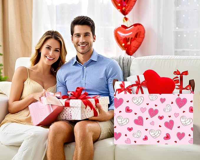 Large Valentine's Day Basket Heart Shaped Storage Bin for Gifts Collapsible Organizer Room Decor (Pink Bottom Lines White Love)