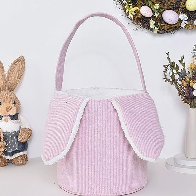 Easter Bunny Basket, Cute Easter Bucket Bags with Rabbit Ears for Easter Eggs Hunting, Plush Easter Bunny Basket, Easter Tote Bags for Candy Storage Decorations (Pink)