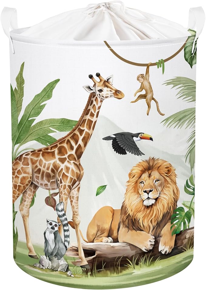 Safari Animals Baby Laundry Hamper Collapsible Clothes Kids Storage Basket Giraffe Lion Large Boys Girls Gift Toy Box Bin for Nursery, Monkey, 63L