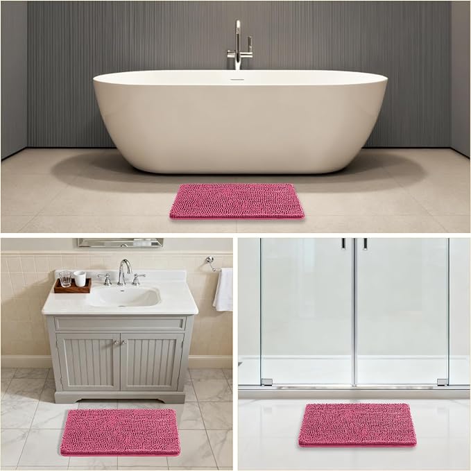 Hot Pink Bathroom Rugs 17"x24" - Plush Chenille Non-Slip Bath Mat - Absorbent, Washable, Soft and Thick Decor for Shower, Sink, Kitchen, Tub, Home Accessories