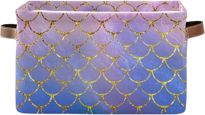 Rectangular Storage Bin Colorful Mermaid Fish Scales Basket with Handles - Toy Bins Laundry Storage Basket for Kids Toy Pets Room Closet