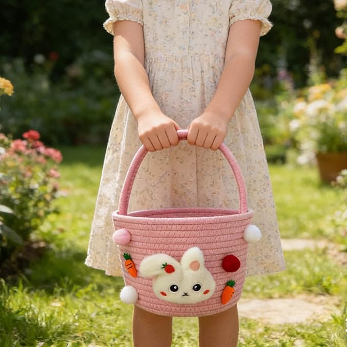 Cute Rabbit Easter Basket, 2026 New Soft & Durable Woven Easter Bunny Basket for Egg Hunt, Personalized Easter Basket with Handle for Boys, Girls, Easter Party Supplies (Pink 7.87 Inches)