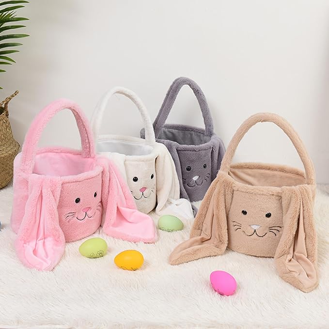 Plush Easter Bunny Basket Bags for Kids, Rabbit Bucket Tote with Long Fluffy Ears, Cute Egg Hunts Party Storage Candy Gifts Carry Bucket Decorations (White + Pink)