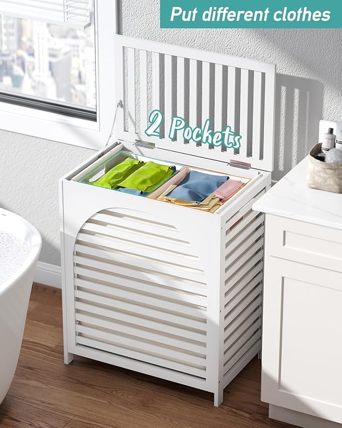 White Laundry Hamper, Laundry Hamper with Lid, 27.3 Gallon (103L) Bamboo Wood Clothes Laundry Basket with Lid and Handles, Removable Liner