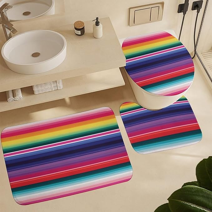 4 Piece Bathroom Rug Set with Shower Curtain, Non-Slip Bath Mat Toilet Cover Set, Colorful Mexican Stripes Bathroom Rug Sets