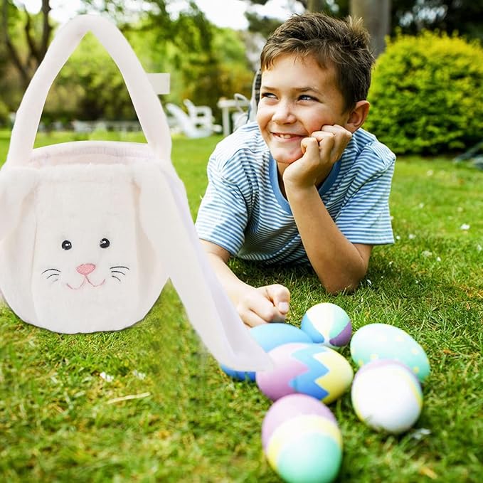 Plush Easter Bunny Basket, Children Easter Basket with Long Ears, Cute Cartoon Rabbit Plush Bag for Easter Egg Hunt, Soft and Durable Easter Bunny Gift for Kids (White)