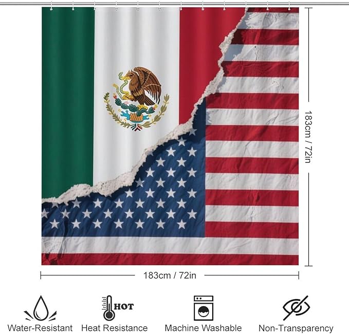 4 Pack Mexico Mexican USA America Flag Art Toilet Carpet Rugs + Contour Mat & Lid Cover Rubber Backing + Quick Dry Drape Liner Curtains for Dorm Room, Tub and Shower