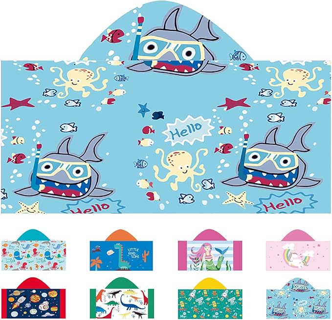 Hooded Beach Towel, Microfiber Hooded Beach Towel For Kids Toddler Infant Boy Girl, Beach Towel with Hood For Bath Pool Swim Swimwear Summer Beach Essentials Cartoon Shower Gifts (24x50 Inch, Shark)