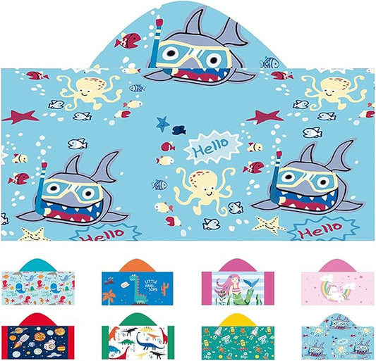 Hooded Beach Towel, Microfiber Hooded Beach Towel For Kids Toddler Infant Boy Girl, Beach Towel with Hood For Bath Pool Swim Swimwear Summer Beach Essentials Cartoon Shower Gifts (24x50 Inch, Shark)