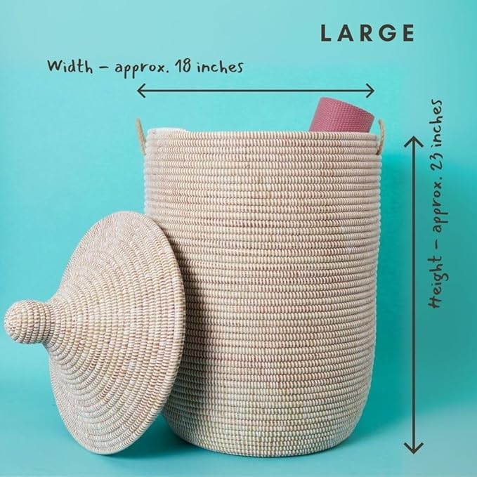 Large Wicker Basket with Lid, Living Room Decor, Blanket Storage for Living Room, White Hamper, Woven Storage Bin, African Baskets with Handles, Coil Style Weaving, Made in Senegal, 18" W, 23" T