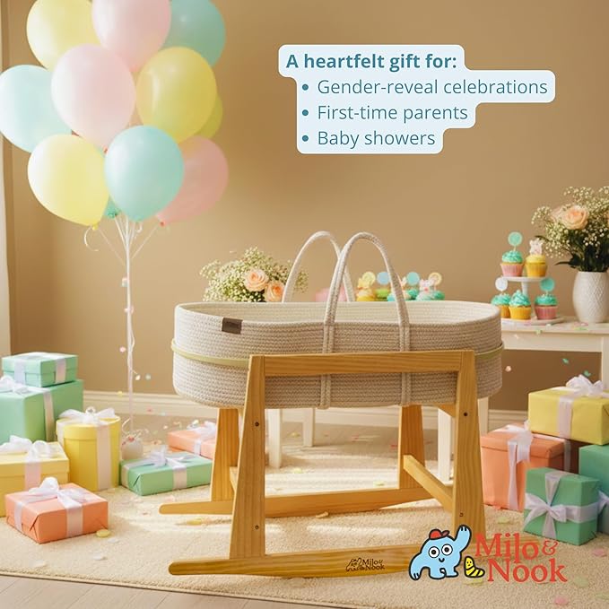 Milo & Nook Baby Changing Basket with Pad & Moses Basket Stand – Soft Cotton Nursery Basket, Waterproof Pad & Removable Washable Cover, Complete Changing Station for Newborn
