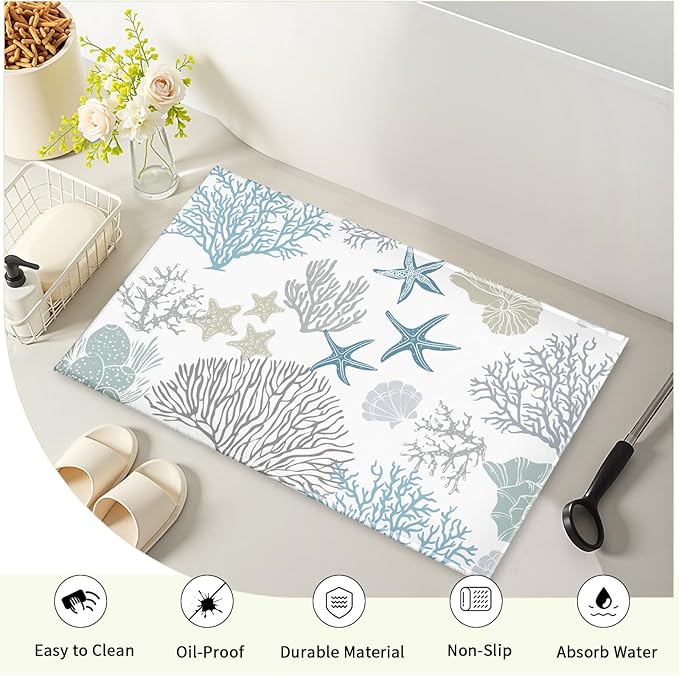 32x20in Coastal Bathroom Rug- Summer Ocean Coral Starfish Seashell Bath Mats- Blue Sea Nautical Non-Slip Seasonal Soft Velvet Bath Rugs for Shower Room Bathtub Sink Bedside Decor