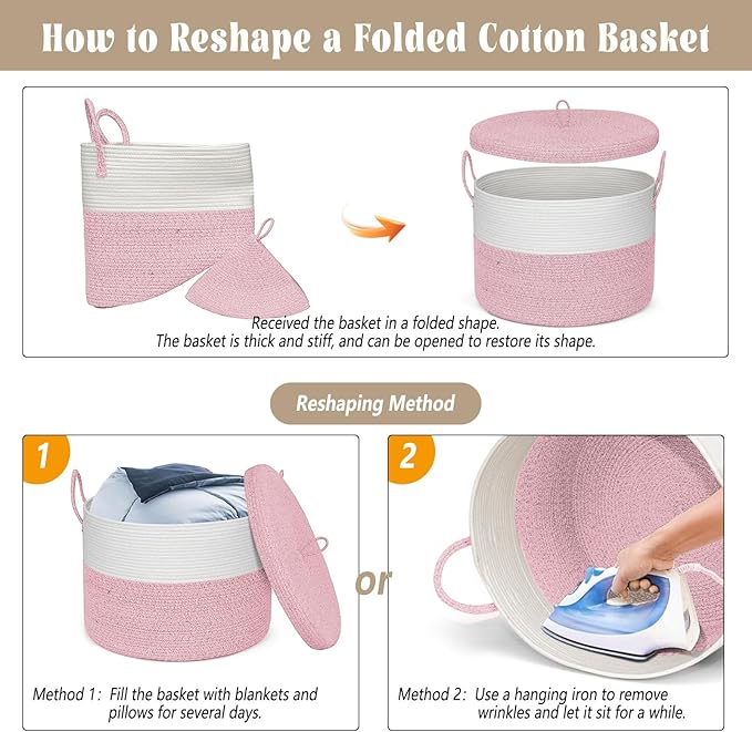 21" x 18" Extra Large storage baskets,Eco-friendly Decorative blanket basket with lid for Living room,rope baskets with lid,wicker hamper for bedroom,Big,Round,Pink 115L