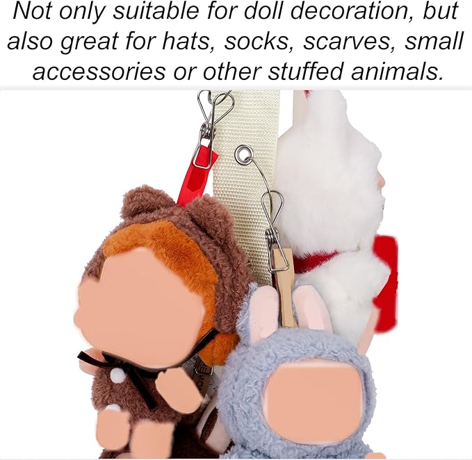 Plush Toy Display Strap, Stuffed Animal Hanging Storage Chain with 8 Metal Clips Wall & Over Door Organizer Holder for 5.9-6.69in Doll or Hats Scarf Nursery Room Decor (White)
