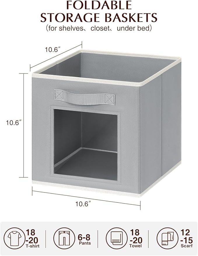 Foldable Storage Cubes - Cubby Storage Organizer with Window, 11 Inch Baskets for Organizing, Collapsible Fabric Storage Cubes for Shelves, Closet, 10 Pack, Grey