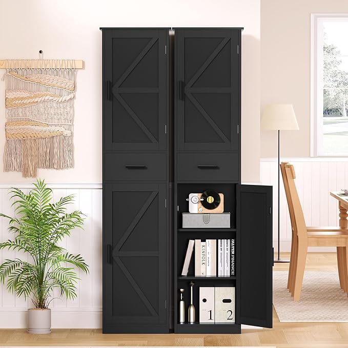 WEENFON Tall Bathroom Cabinet, Storage Cabinet with 6 Shelves & Drawer, Bathroom Storage Cabinet with Adjustable Shelves, Tall Cabinet for Living Room, Home Office, Black