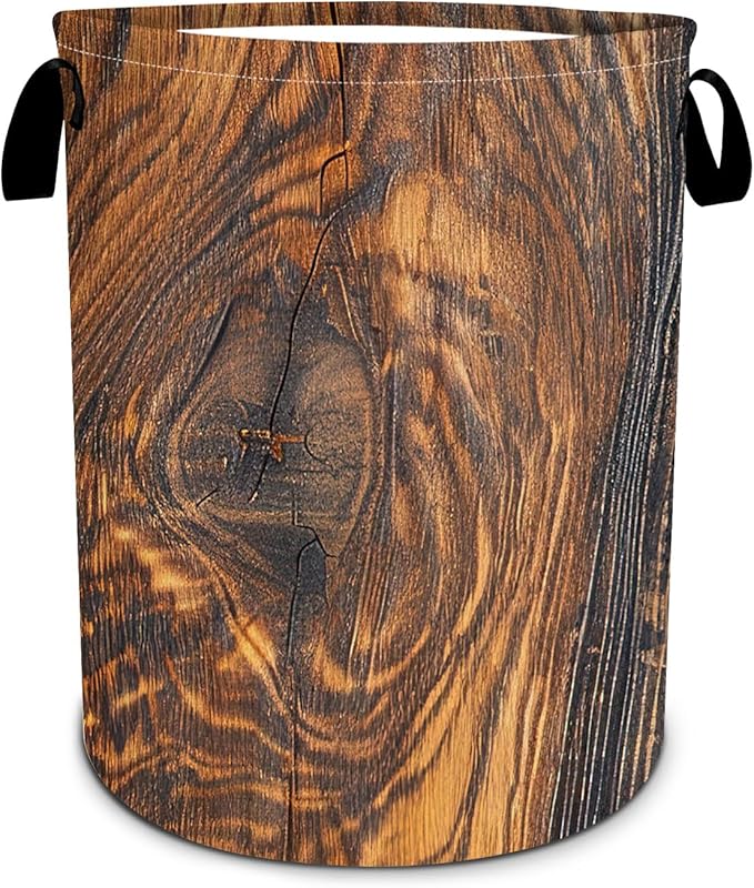 Wood Grain Laundry Basket, Tree Stump Texture Laundry Hamper Funny Tote Bag Dirty Clothes Storage Bucket Toy Organizer for Bathroom/Laundry/Bedroom 15.7"x19.6"