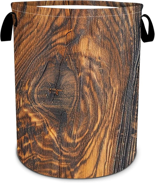 Wood Grain Laundry Basket, Tree Stump Texture Laundry Hamper Funny Tote Bag Dirty Clothes Storage Bucket Toy Organizer for Bathroom/Laundry/Bedroom 15.7"x19.6"