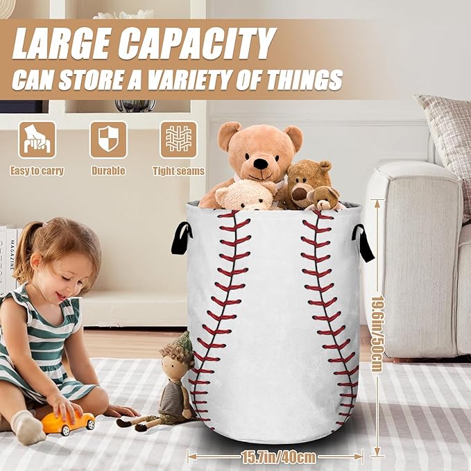 Baseball Laundry Basket, Foldable Waterproof Ball Laundry Hamper Tote Bag Dirty Clothes Storage Bucket Toy Organizer for Bathroom/Laundry/Bedroom 15.7"x19.6"