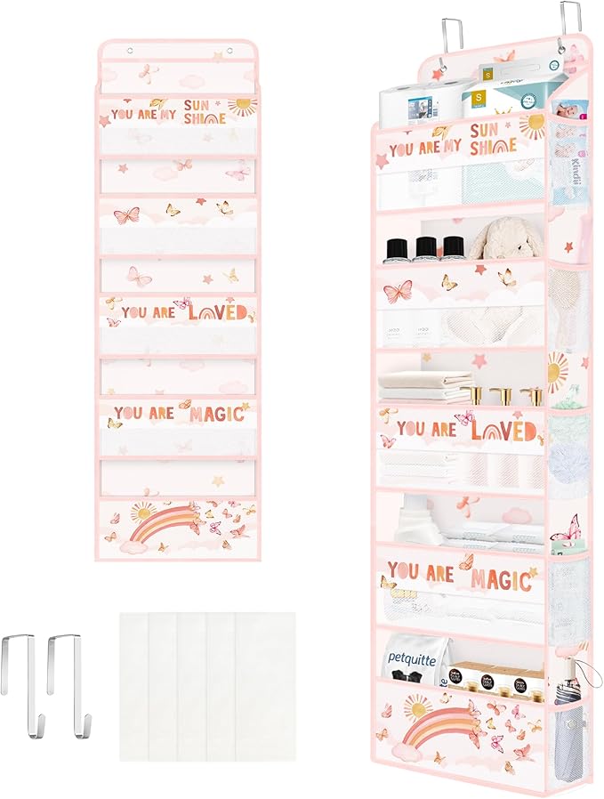 Clastyle Rainbow Over The Door Organizer Cloud Nursery Hanging Storage Organizer for Girls Clothes Diaper Toy Closet Door Hanging Shelf Storage for Bedroom Bathroom Pantry, Butterfly, 5-Tier