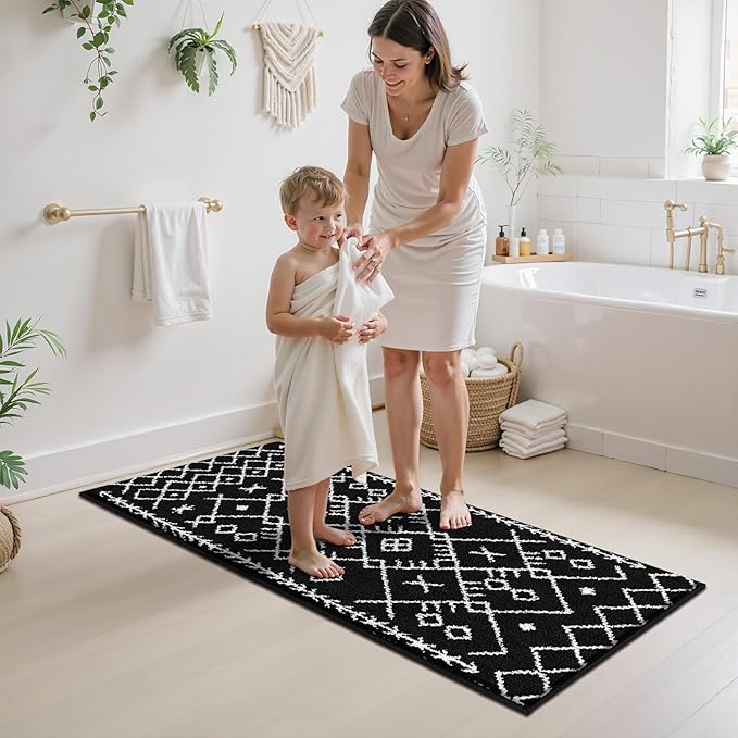HEBE Bathroom Rugs Sets 5 Piece, Soft Absorbent Microfiber Bath Mat for Bathroom, Non Slip Washable Bath Rug Set with Toilet Cover, Bath Runner and U-Shaped Contour Toilet Rug, Black