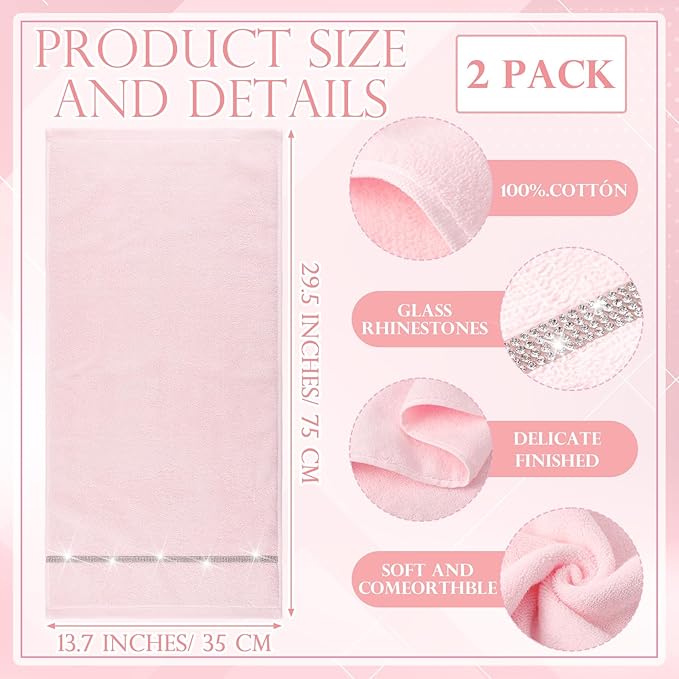 2 Pcs Pink Sparkling Hand Towels with Rhinestones for Bathroom 100% Cotton Glitter Soft Elegant Hand Bath Towels Absorbent Machine Washable for Spa Yoga Hotel Sport, 29.5" x 13.8"