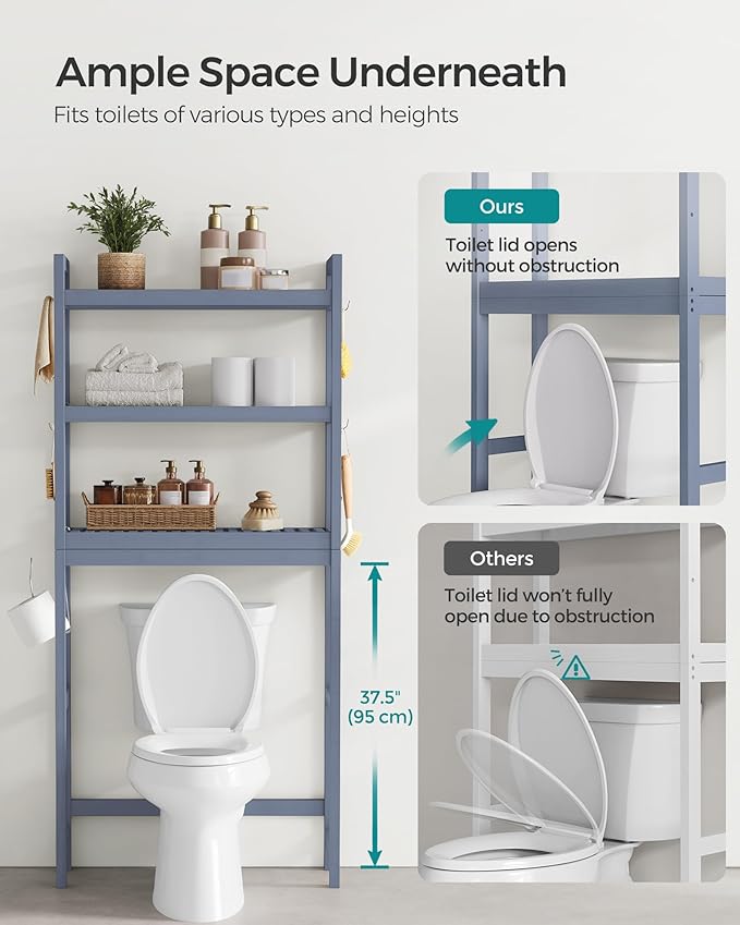 SONGMICS Over The Toilet Storage, 3-Tier Over Toilet Bathroom Organizer with Adjustable Shelf, 10.2 x 24.8 x 66.9 Inches, Space-Saving, Gray UBTS001G01