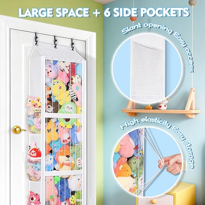 Toread Over the Door Stuffed Animal Storage – Elastic Rope Easy Access 70+ Soft Toy & Adjustable No-Damage Hooks Plushy Organizers Suitable for Kids Room Toy Holder Bedroom Hanging Stuffie Storage.