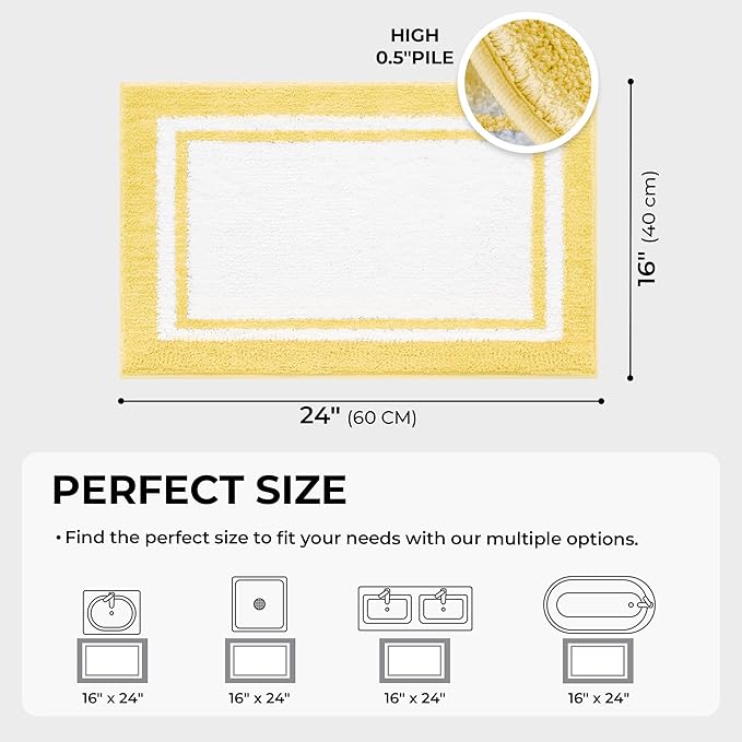 GRANNY SAYS Microfiber Bathroom Rugs Non Slip Washable, Water Absorbent Bathroom Mats for Tub Non Slip, Soft Bath Mats for Floor & Shower, Bath Rug, 16" x 24", Black Bath Rug, Yellow