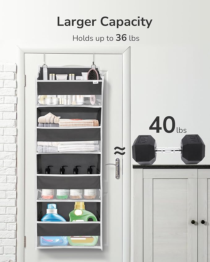 ULG 1 Pack Over Door Organizer with 4 Large Pockets 6 Mesh Side Pockets, 36 lbs Weight Capacity Hanging Storage Organizer with Clear Window for Bedroom Nursery, Baby Kids Toys, Diapers, Dark Grey