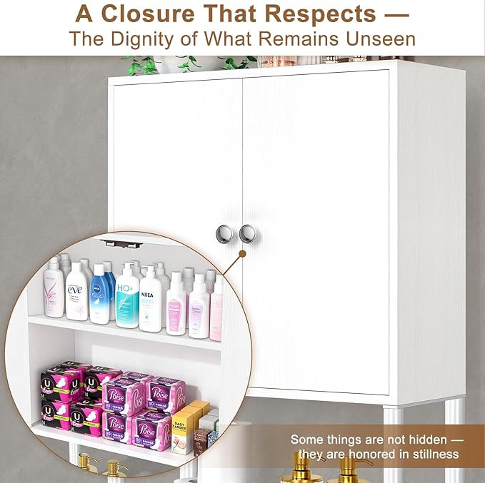 Over-The-Toilet Storage Rack, 4-Tier Bathroom Organizer Shelf Over Toilet with Barn Doors Cabinet and Basket, Freestanding Space Saver Wooden Bathroom Shelves with Paper Holder Above Toilet (White)