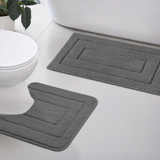 GRANNY SAYS Bathroom Rugs Sets 2 Piece, Soft Absorbent Microfiber Bath Mats for Bathroom Non Slip Washable, U-Shaped Toilet Bath Rugs for Tub Shower (Deep Grey, 20" x 32" + U Shaped 20" x 24")