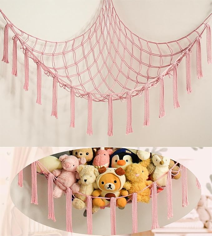 Stuffed Animal Storage Hammock Net - Toy Hammock Net for Stuffed Animals Corner - Hanging Stuff Animal Organizer Holder Large Pink Baby Nursery Room Decor
