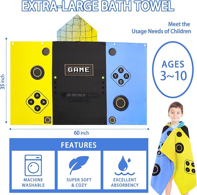 Hooded Towels for Kids- Ultra Soft 100% Cotton Video Game Gamepad Toddler Hood Bath Towels/Pool Terry Towel Beach Poncho Wrap Absorbent Cute Bath & Swim Wrap for Boys & Girls 3-10 Years