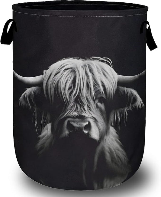 Highland Cow Laundry Basket, Foldable Waterproof Black Laundry Hamper Tote Bag Dirty Clothes Storage Bucket Toy Organizer for Bathroom/Laundry/Bedroom 15.7"x19.6"Highland Cow