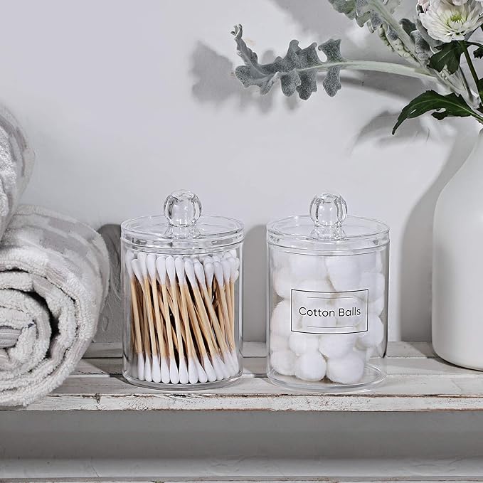 2 Pack Acrylic Qtip Holder Dispenser for Cotton Swabs, Balls, Pads, Floss Picks- Small Clear Plastic Canister Apothecary Jar Set, Bathroom Essentials Accessories Decor, Vanity Makeup Storage Organizer
