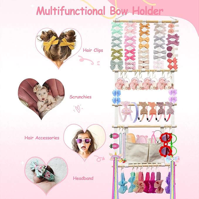 Headband Holder Hair Bows Organizer for Girls, Baby Headbands Hair Accessories Organizer Storage Wall Hanging Decor for Toddler Girls Room