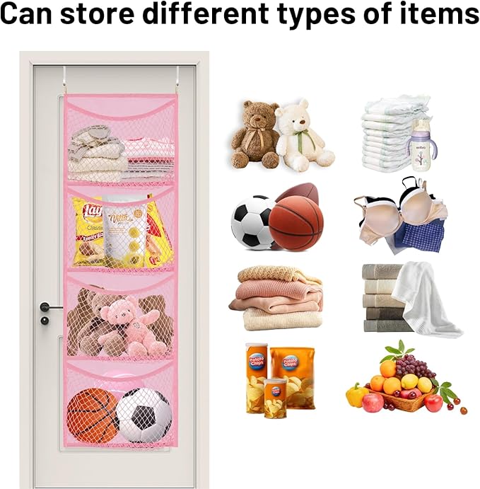 Over The Door Stuffed Animal Storage, Cotton Toy Organizer for Storage Plush Toys,Baby Supplies, Stuffed Animal Holder with 4 Large Pockets, Hanging Door Organizer for Nursery, Bedroom (Pink)