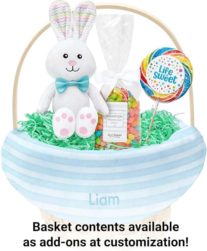 Let's Make Memories Personalized Easter Basket for Kids- For Boys - For Girls - Create Your Own - Fillable - Wicker - Easter Basket Stuffers - Small - Blue Watercolor Stripes