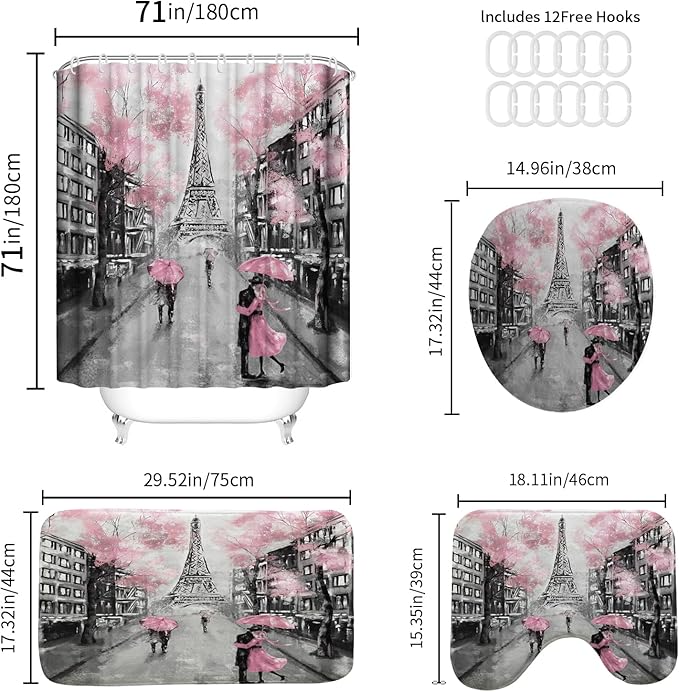 4Pcs Paris Cherry Blossom Shower Curtain Set, Black and Pink Eiffel Tower Bathroom Set with Shower Curtain, Romantic Cityscape Bath Decor for Women, Girly Bathroom Accessories