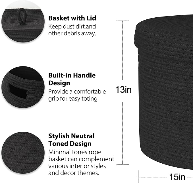 Storage Basket with Lid, 15” x 13” Lidded Blanket Basket Living Room, Black Woven Baskets for Storage, Nursery Kids Cotton Rope Toy Bin Box with Cover, Wicker Laundry Basket Pillow Holder
