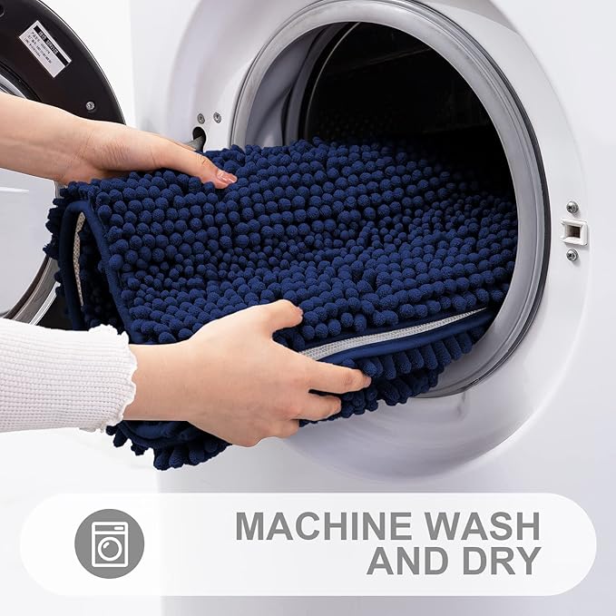 Grandaily Chenille Striped Bathroom Rugs 59x20, Extra Thick and Absorbent Bath Mats, Non-Slip Soft Plush Shaggy Shower Carpet, Machine Wash Dry, Bath Rug for Bathroom, Navy