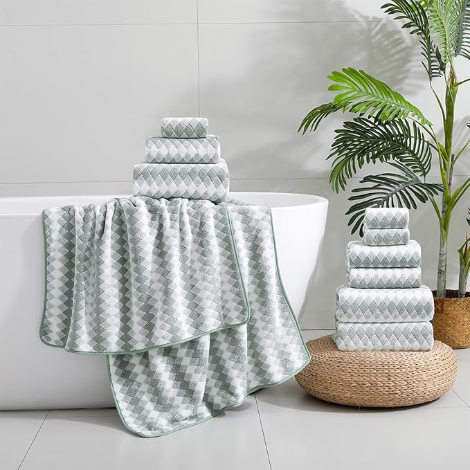 12 Pcs Green White Diamond Towel Set-4 Bath Towels,4 Hand Towels,4 Washcloths Soft Polyester Towels with Loop Absorbent Shower Towel Quick Dry Beach Chair Towel Family Towels for Bathroom Spa Gym Pool